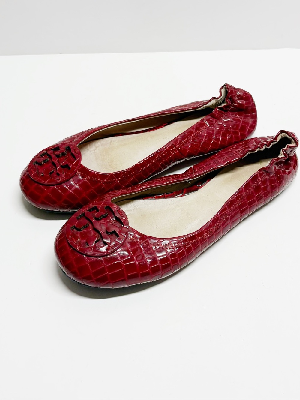Tory Burch Burgundy Croc-Embossed Reva Ballet Flats